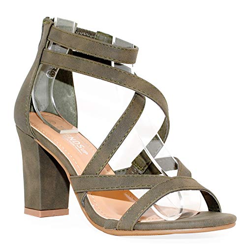 TRENDSUP COLLECTION Women's Chunky Heel Ankle Strap Sandals (Oliver, 10)