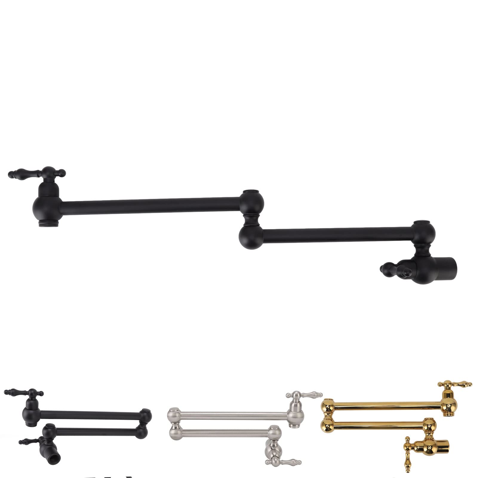 Grifo de Llenado de Ollas, Grifo de Cocina Montado en la Pared de Cobre Estirable G1/2, Grifo Plegable de Llenado de Ollas de Dos Manijas de Un Solos Orificio(Negro mate)
