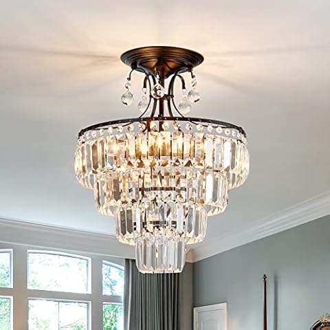 CVKASH 5 -Lights Crystal Round Chandelier Antique Modern Black Semi Flush Mount Ceiling Light Fixture Ceiling Lighting for Living Room Dining Room Bedroom Entryway Foyer Bathroom with E12 Cover