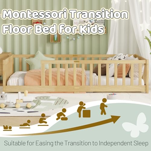 Twin Floor Bed with Safety Guardrails for Kids, Rubber Wood Montessori Bed with Slats, Twin Size Bed Frame for Girls and Boys,No Box Spring Needed,Natural