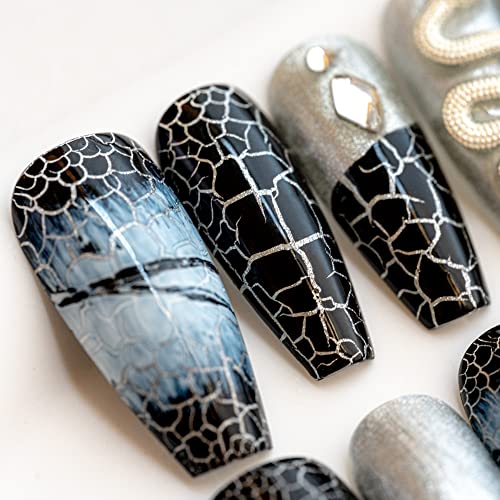 Sun&Beam Nails Handmade Press On Nail Coffin Ballerina 3D Snake Black Acrylic Fake Tip Design Art Charms Cute with Storage Box 10 Pcs (XS) - Image 3