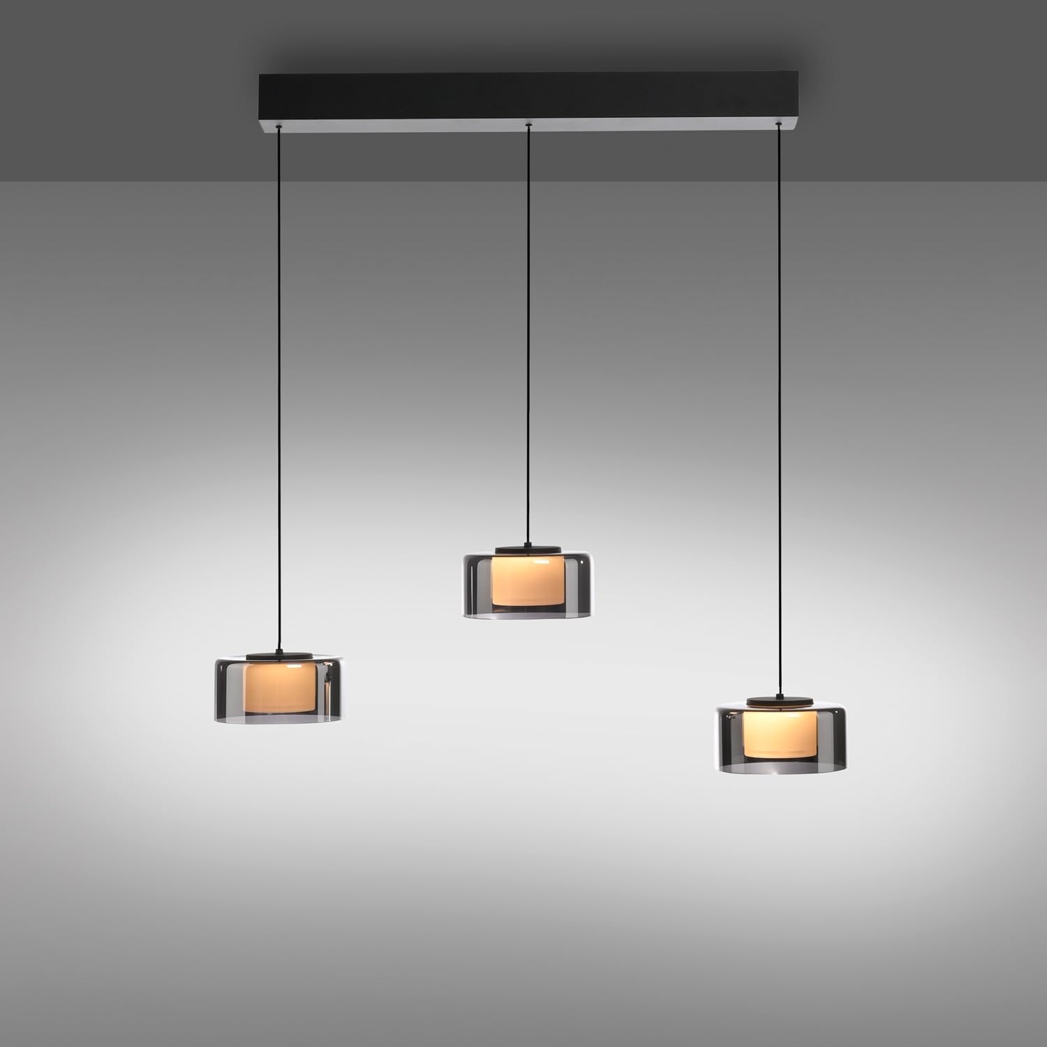 Paul Neuhaus LED-Pendelleuchte - 66 x 180 cm - 3-flammig - Rauchfarben - Schwarz - Metall - Glas - dimmbar