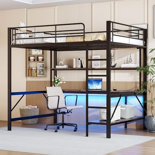 VSOGA Cama alta, 140 x 200 cm, barandilla, escalera de tijera, con USB y enchufe, con luces LED, escritorio, estantería de varios niveles, sin colchón, metal, color negro