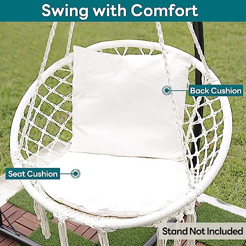 JoyView Macrame Chair Hanging Swing Chair Max 330 Lbs Hammock Chair with 2 Cushions and Hardware Kits Cotton Rope Chair for Indoor Outdoor Bedroom Patio Garden - Beige - Thumbnail 2