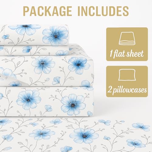 Image of King Size Bedsheet 108x108 Inches - Blue Blossom Design | Soft Microfiber, Breathable & Wrinkle-Free | Includes 2 Matching Pillow Covers
