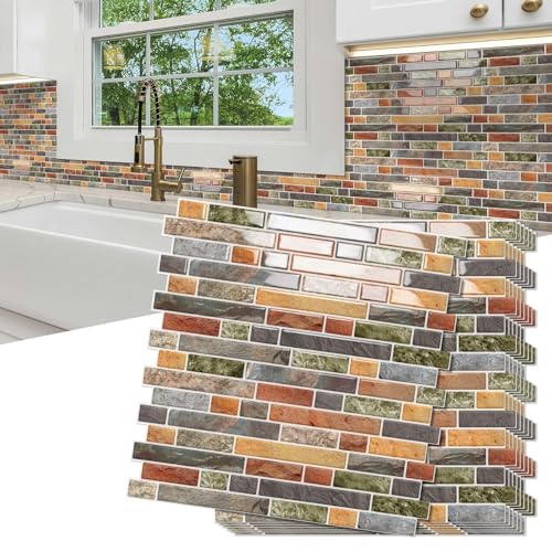 10 Sheet Thick Peel and Stick Kitchen Backsplash Tiles,3D Waterproof Self Adhesive Wall Tile Stick on Backsplash for Kitchen,Bathroom and Fireplace(Colorful,12'×12')