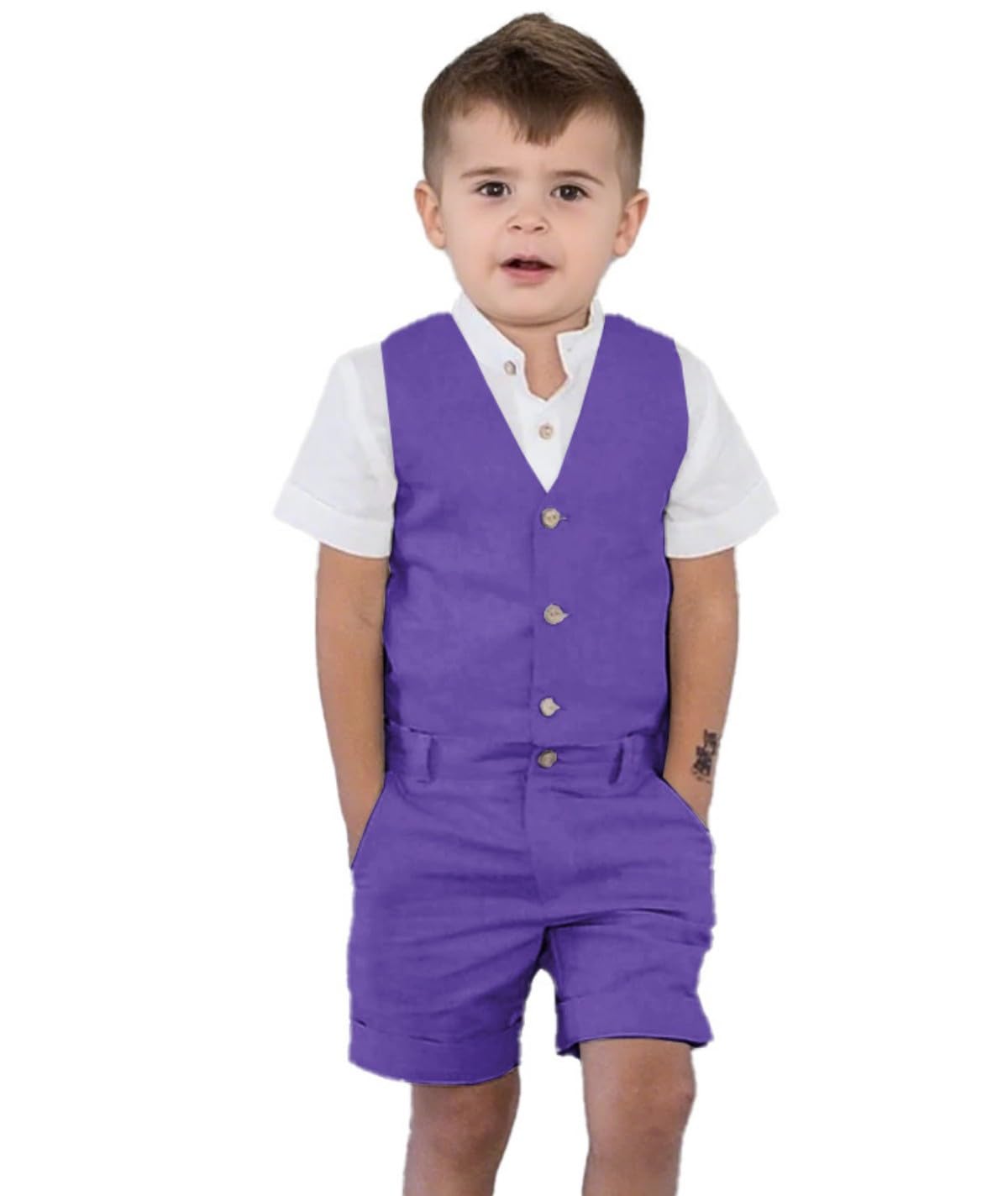 Traje de lino para niños, traje de verano de 2 piezas, traje de vestir para niños, chaleco y pantalones cortos, conjunto para la playa y boda