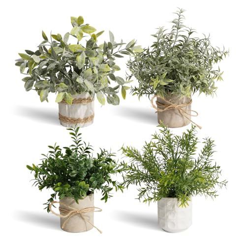 PENGYEE 4 Pack Small Fake Plants in Pulp Pots for Home Decor, Rustic Artificial Plants Indoor, Faux Plants Indoor for Bathroom Kitchen Office Desk Shelf Farmhouse Room Decor