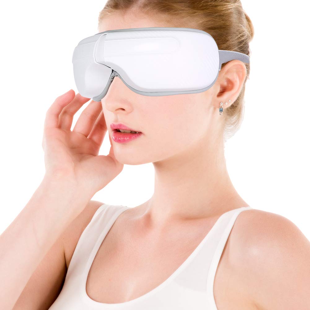 Masajeador de ojos, Masajeador de ojos eléctrico con calor, Masajeador relajante para el cuidado de los ojos con compresas calientes, Masajeador recargable de música a presión de aire(Blanco)