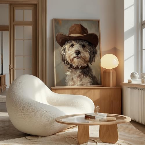 Image of aj decor Havanese Cowboy Hat Wall Art Print Poster, Dog Pet Lover Picture Painting Artwork Bedroom Living Room Office Dining Room 151D (Havanese Cowboy Hat, 11 inch W x 14 inch L, Wood Frame)