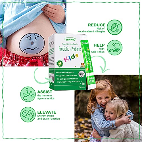 Zebora Kids Probiotic & Prebiotics Powder Age 3+ Support Children's Digestive & Immune System With Natural Source, Promotes Constipation Relief, Non-Gmo, Gluten-Free, 30 Packets With 5 Billion Cfus #TOP1