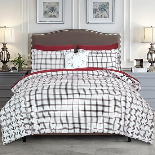 Image of Elegant Comfort 8-Piece Lodge Plaid Reversible Comforter Set - All Season Bed in a Bag, 4-Piece Sheet Set Featuring Smart Pockets, Matching Shams and Decorative Pillow, King /California King, Burgundy
