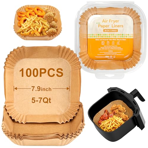 100 Pcs Papel Air Fryer Cuadrado, 20CM, BPA Free, Resistente Al Aceite y a Altas Temperaturas, Papel Freidora Aire Para Horno Microondas De 5-7L, Para COSORI Cecotec