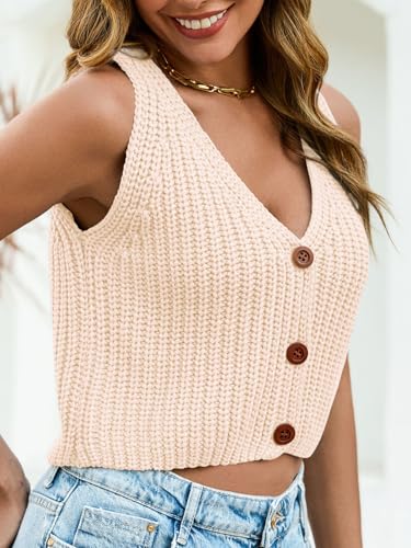 Saodimallsu Womens Cropped Sweater Vest V Neck Button Down Y2k Crop Knit Summer Trendy Sleeveless Chunky Tank Tops4