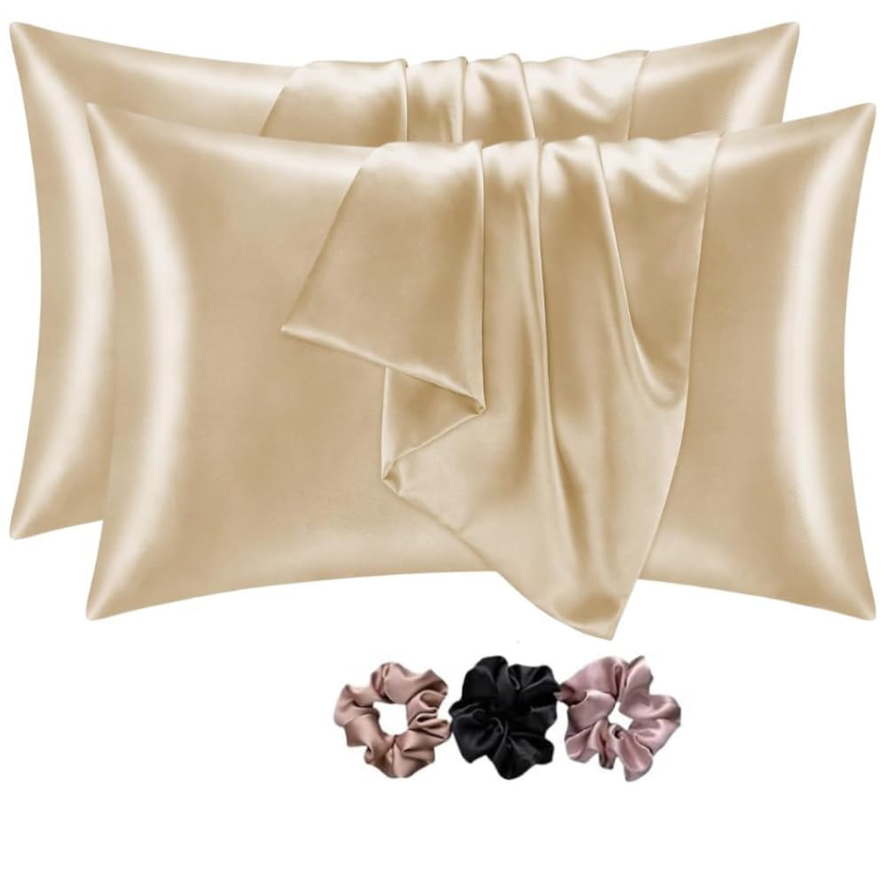 GO WELL Solid Satin Silk Pillow Covers Pack of 2 for Hair and Skin-with Satin Scrunchies |Satin Pillow coves for Hair and Skin|scrunchies for Women 3-Piece|Silk Pillow case (Champagne) 600 TC