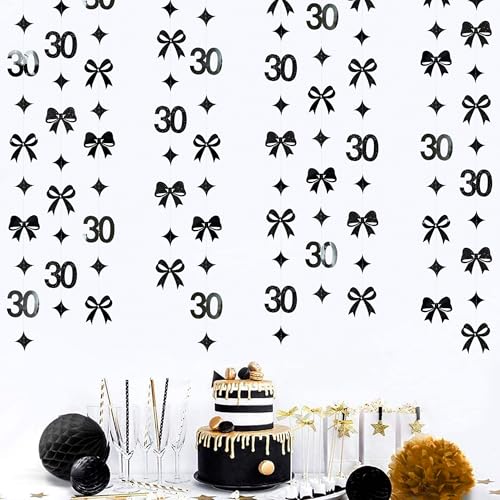 Image of Black 30th Bow Birthday Decorations Glitter Conquette Bow Garland Streamer Banner for Womens Mens Happy 30th Birthday 30 and Fabulous Cheers to 30 Years Old Anniversary Vintage 1995 Party Supplies