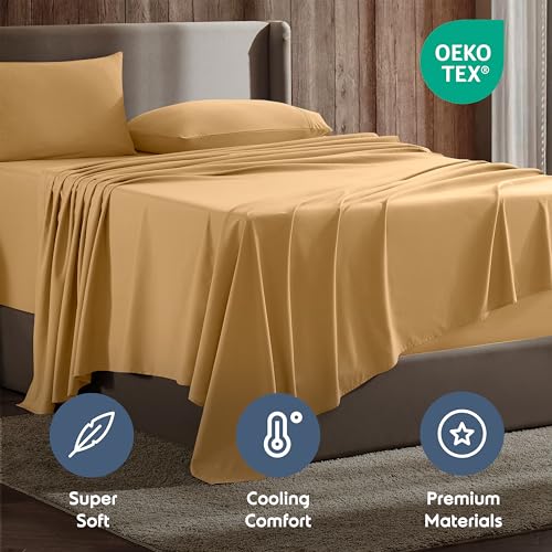 Image of Nestl Queen Bed Sheet Set - Camel Gold - 4-Piece Deep Pocket | Instantly Soft, Night-One Ready (No Wash Required). Fits 16-Inch Deep Pockets, 360-Degree Elastic Grip