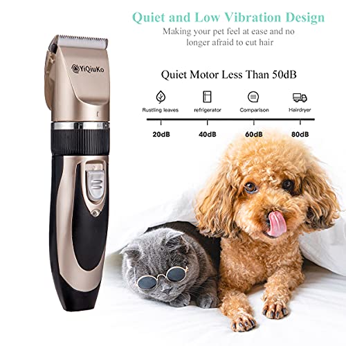 YiQiuKo Dog Clippers, Dog Grooming Kit Low Noise Electric Pet Clippers Rechargeable Cordless Professional Dog Hair Trimmer for Dogs Cats and Other Pets(Gold) - Image 5