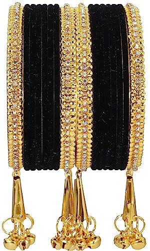 Image of NMII Metal with Zircon Gemstone and Velvet Studded Bells Latkan Bangles Set For Girls and Women I Latkan Bangles, Premium Bangle Bracelet Set I Pack of 16 Bangles