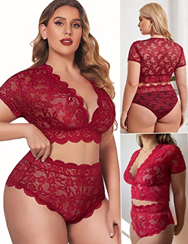 Avidlove Plus Size Lingerie Plus Floral Lace Scallop Trim Lingerie Set Deep V Allover Lace Bra Panties Set Sexy Clubwear (22W, 1 Wine Red) - Image 4