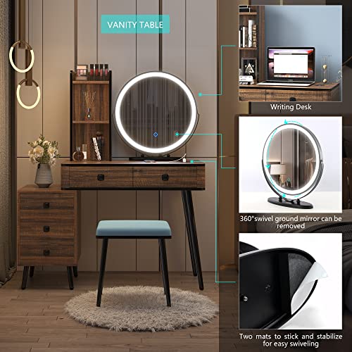 Lvsomt Vanity Desk With 3-Color Lighted Mirror, Makeup Vanity Table Set With Lights & Charging Station, 5 Drawers, Shelves, Dressing Table With Stool For Women Girls (Brown) #TOP2