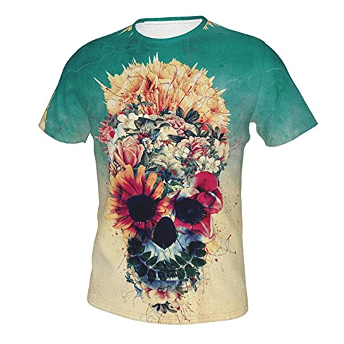 FIPILOCK Skull 3D Pattern Print Short Sleeve O-Neck T-Shirts Full Cover Printed Tee for Men