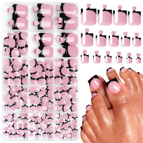 150pc French Tips Press on Toenails Women Toe Nail Press ons Black French Tip Toe Press on Nails Fake Toenails Square Fake Toes Nail Tips Glue on Toenail Stick Acrylic Toes Nails Kit with Glue Tab