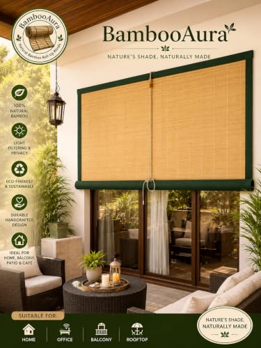 Image of BambooAura Natural Bamboo Roll-Up Window Shade Blind | Light Filtering Bamboo Chick Curtain | Eco-Friendly Sun Protection (4ft x 7ft - W x H) (Natural Beige with Dark Green Border, (5ft x9ft -W x H))