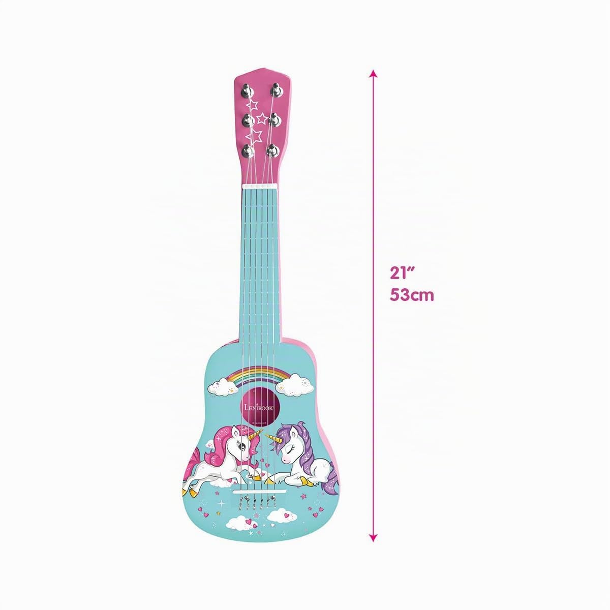 Lexibook, Unicornio Guitarra de Madera, K205UNILXB | Guitarra 53 cm, 6 cuerdas, guía de aprendizaje incluida, rosa/azul
