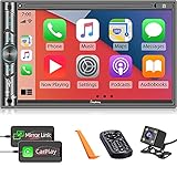 Double DIN CarPlay Multimedia Player, 7' HD Capacitive Touchscreen, Car Stereo with Backup Camera, Bluetooth, 16-Band EQ, Steering Wheel Controls, Mirror-Link, USB/SD Port, AM/FM Car Radio Receiver