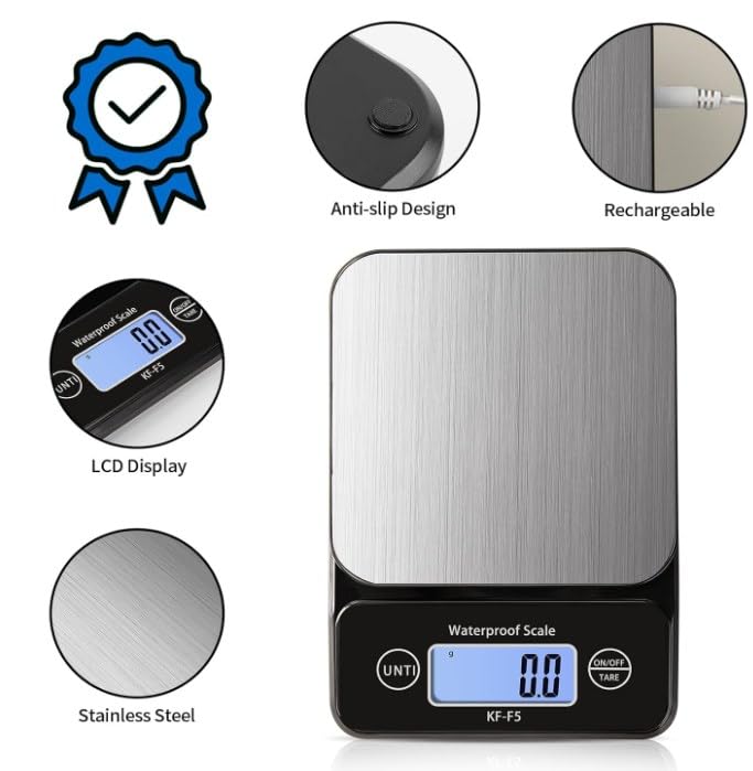 Miniatura 7 de Báscula de alimentos impermeable IPX7, 5 kg11 lb0.5 g de alta precisión digital para cocina, gramos y onzas, onzas y gramos para cocinar y hornear