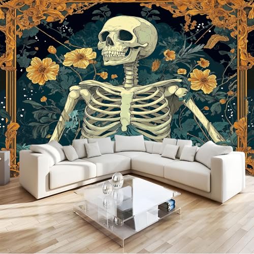 300 x 210 cm Papel pintado mural Amarillo Verde Arte Papel tapiz Fotomural Borde Floral De Calavera Gótica, Moderna Decoración Tejido no Tejido Decoración De Pared Sala Cuarto