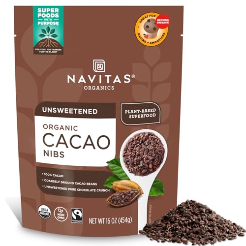 Navitas Organics Cacao Nibs – Unsweetened Dark Chocolate Crunch – Antioxidants, Minerals, Fiber – For Trail Mix, Baking & More – USDA Organic, Fairtrade, Non GMO, Gluten Free, Non-alkalized (16oz. Bag 151 Servings)
