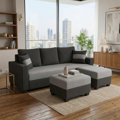 Image of FURNY Aura 5 Seater L Shape Sofa Set with 2 Movable Ottoman | Flexible Left or Right Layout | Plush Velvet Fabric (Light Grey-Dark Grey) | Perfect for Living Room, Guest Room & Office