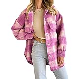 Generic Damen Kariertes Mantel Jacke,Red Curry Plaid jacketKaro Button-down Langarm Frauen 2022 Kariertes Hemd Jacke Damen Mantel Elegant 01-Rosa Damen Mantel S