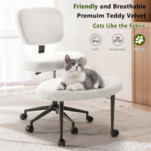 Image of Waleaf Ergonomic Cross Legged Office Chair, ADHD Chair for Adults, Height Adjustable Meditation Chair with Wheels, Teddy Fabric Yoga Kneeling Chairs with Comfortable Back Support (White)
