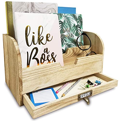 Ikee Design Desk File Sorter Supplies Organizer, All-Purpose Document Letter Mail Tray Sorter with 3 Slots and A Small Storage Drawer for Desktop, Tabletop, or Counter