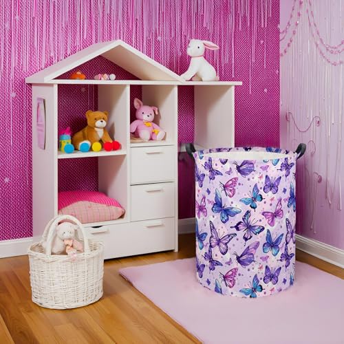 Image of Baby Laundry Basket Baby Hamper for Nursery Girl Kids Butterfly Hamper Cute Kids Storage Bin Organizer Room Decor for Home(Purple Butterfly)