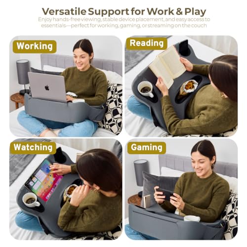 Image of Oversized Lap Desk Pillow - 27in Foam Couch Desk with Cup Holder & Storage | Fits laptops up to 14in | Cup holder, phone slot & storage pockets | Non-slip vented base | Work, game & read from couch