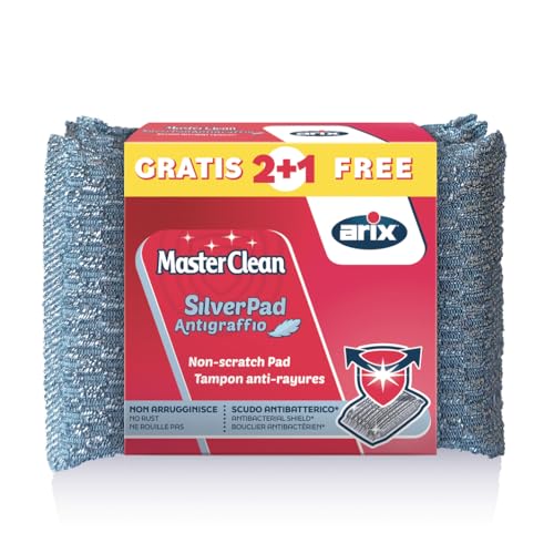 ARIX | 3 SilverPad Spugne Antigraffio Con Rivestimento in Alluminio della linea Masterclean, Spugna con Trattamento Antibatterico, per Superfici Delicate, Antiodori, 3 pezzi