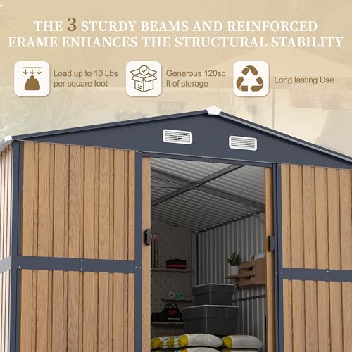 Image of KEIKI 10x12 FT Outdoor Metal Storage Shed with Lockable Doors, Windows, and Ventilation, Garden Shed for Backyard, Patio, or Tool Storage, Yellow
