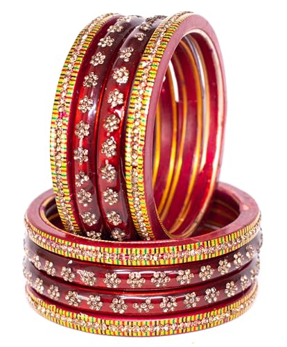 Image of Swara Creations Lah /Lac bangles red color Set, LAHTHI Churi Kundan work for Women and Girls(8 pcs)