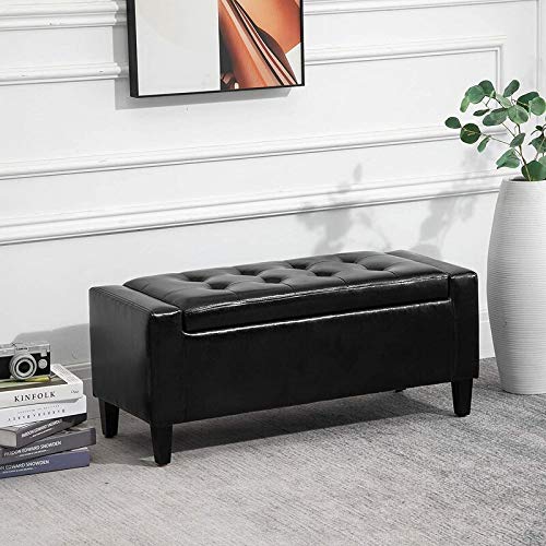 BLACK OAK Vikki Upholstered Storage Bench 2 Seater Sofa Couch Poufffe Ottoman with Storage Wooden Legs Black Leatherette