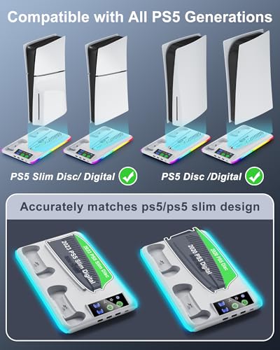 Controller Charger for PS5/PS5 Slim: Cooling Fan and Charging Station, Vertical Dock for PlayStation 5 Console and Accessories (White) - Image 3