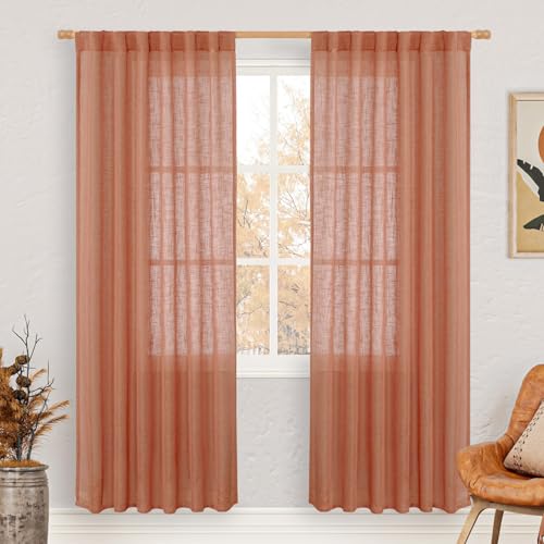 LAMIT Terracotta Linen Boho Curtains 80 inch Length 2 Panels, Light Filtering Semi Sheer Panels Back Tab and Rod Pocket Neutral Panels for Bedroom/Living Room, 52 x 80 Inch