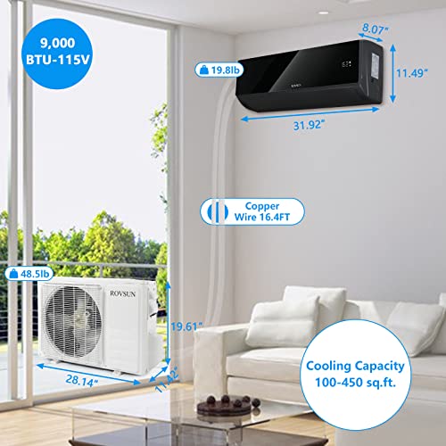 Rovsun Wifi Enabled 9,000 Btu Mini Split Ac/Heating System With Inverter, 19 Seer 115V Energy Saving Ductless Split-System Air Conditioner With Pre-Charged Condenser, Heat Pump & Installation Kit (Black Series) #TOP5