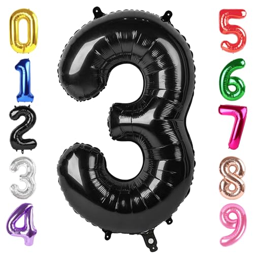 Image of 40 Inch Black Number 3 Balloon Birthday Party Decorations for Men & Women | 40 Inch Black inflatable foil number balloons, large birthday decorations for 3rd birthday