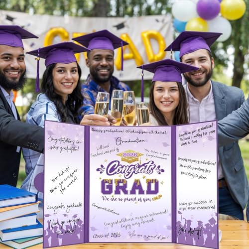 Image of Graduation Decorations 2026 Purple Gold Graduation Guest Book to Sign Congrats Grad Signature Guestbook Alternative Party Gifts Keepsake Class Of 2026 Invitations Memory Card Board College High School