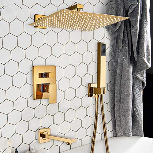 Ensemble de douche à jet pluie dorée et robinet de bain mural à double sortie d'eau - 7