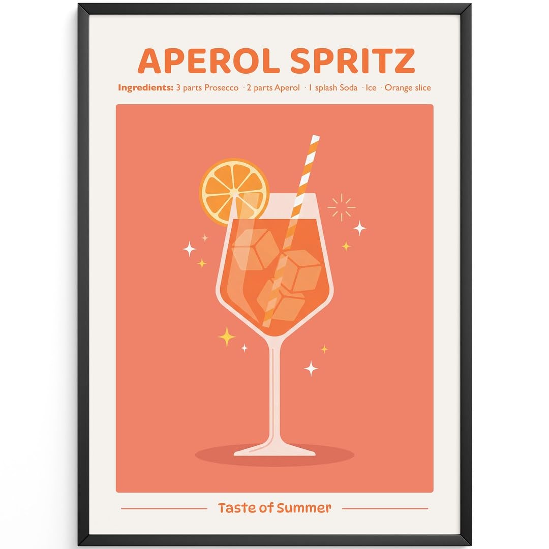 MJ-GRAPHICS® Poster Aperol Spritz Wandbild Sommer Getränk Deko minimalistisch Orange Küche Kunstdruck modern Wohnzimmer Bilder erfrischend stilvoll Farbakzent 50x70 mit schwarzem Rahmen